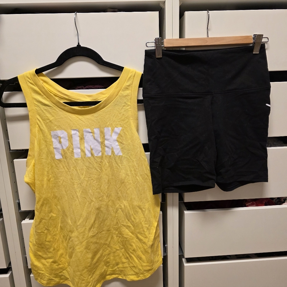 PINK Yellow Logo Tank S & Black Athletic Shorts M Coord Set Cotton Blend